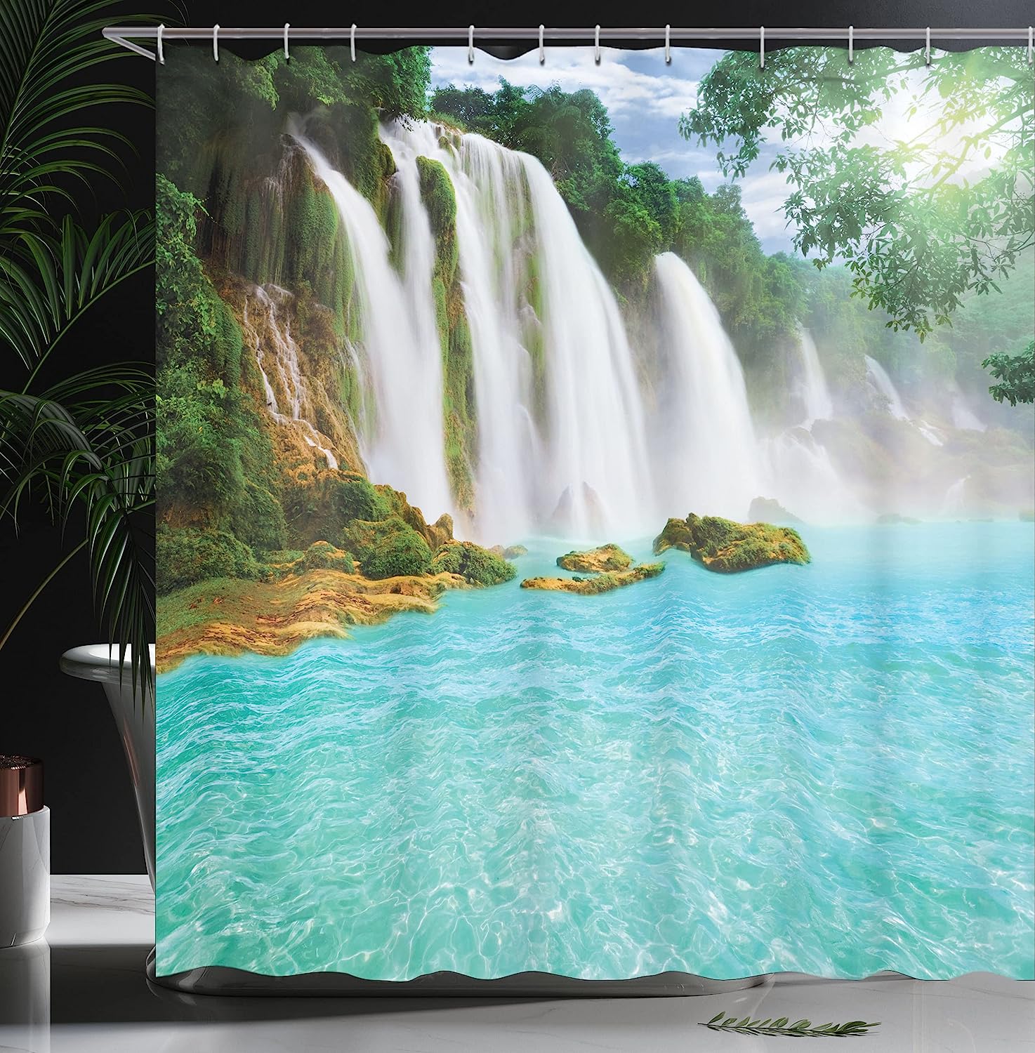 Waterfall Shower Curtain, Tropical Ban Gioc-Detian Cascade Print, Cloth Fabric Bathroom Decor, Turquoise And White - Image 3