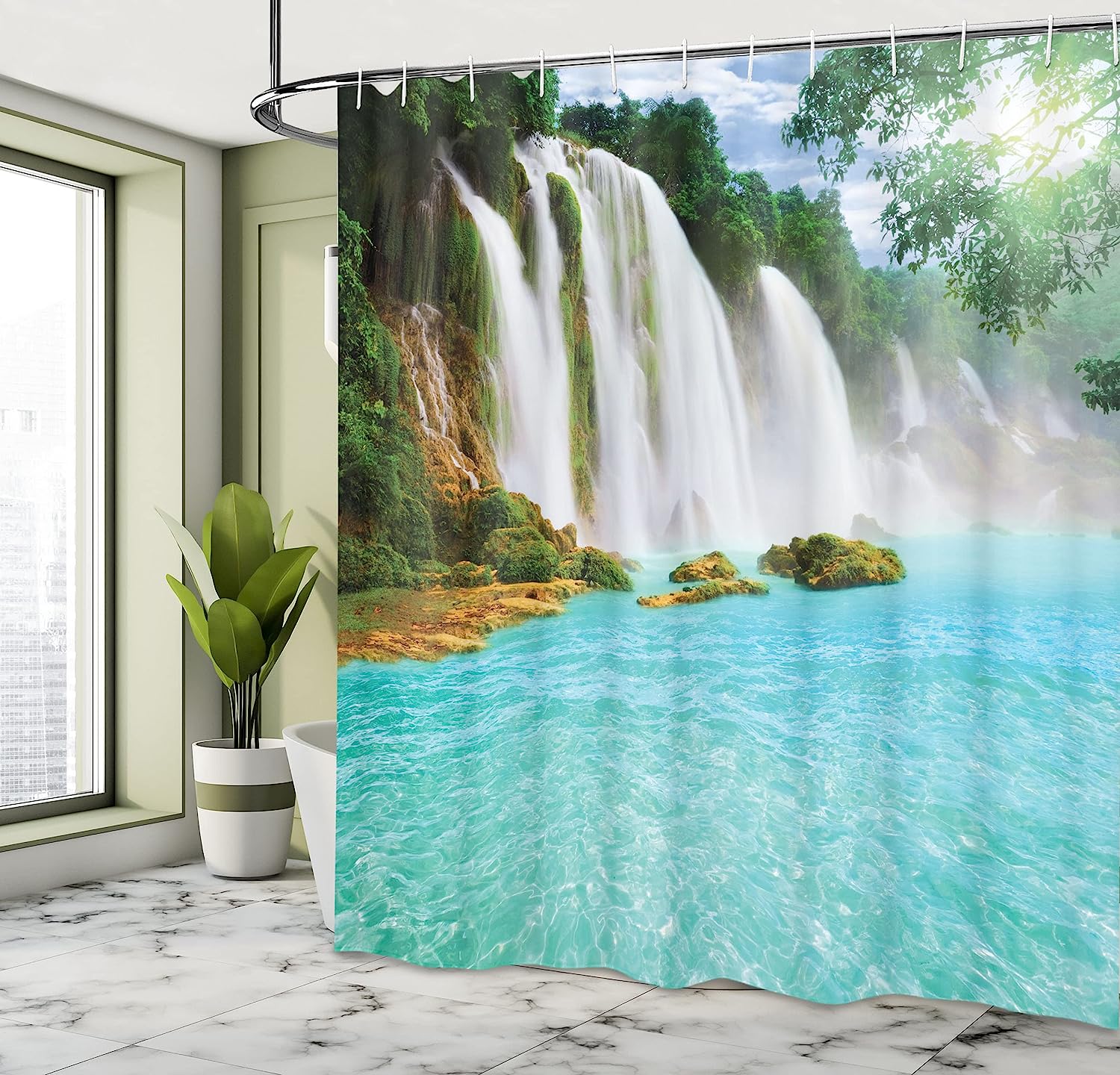 Waterfall Shower Curtain, Tropical Ban Gioc-Detian Cascade Print, Cloth Fabric Bathroom Decor, Turquoise And White - Image 4