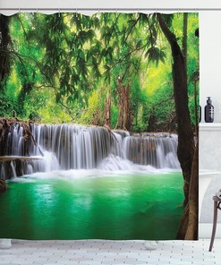 Waterfall Shower Curtain, Tropical Forest In Thailand Print, Cloth Fabric Bathroom Decor, Green And Brown