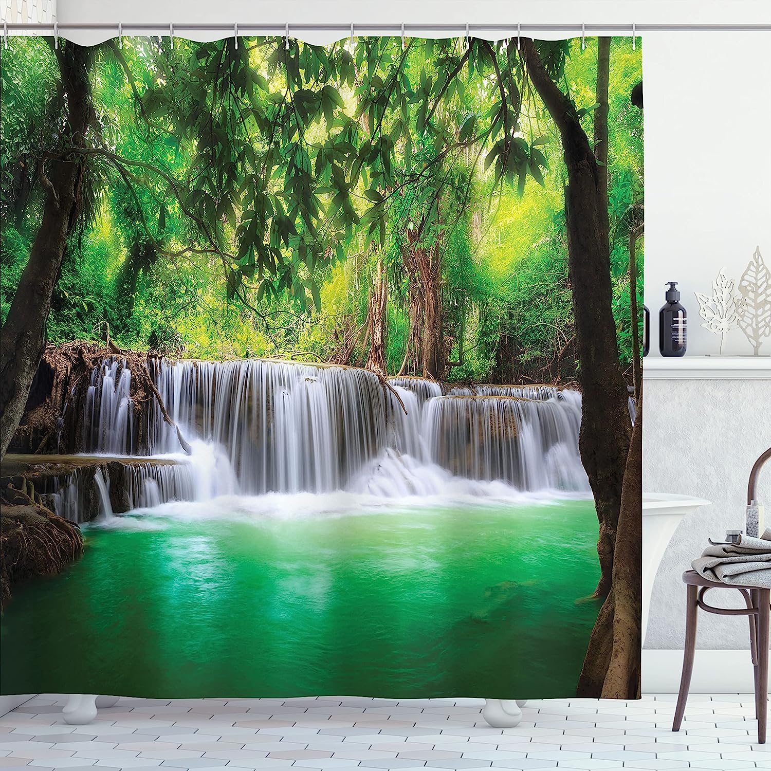 Waterfall Shower Curtain, Tropical Forest In Thailand Print, Cloth Fabric Bathroom Decor, Green And Brown