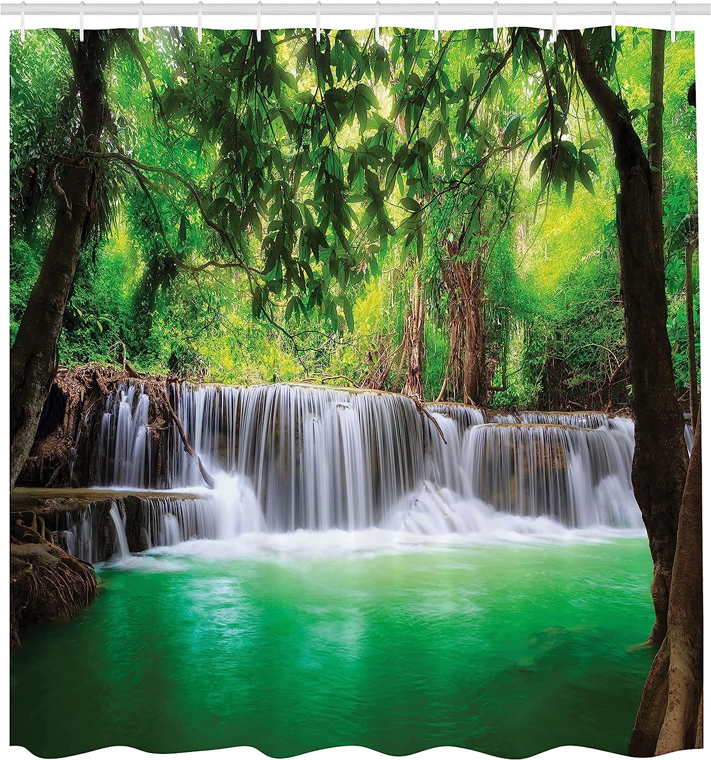 Waterfall Shower Curtain, Tropical Forest In Thailand Print, Cloth Fabric Bathroom Decor, Green And Brown - Image 2