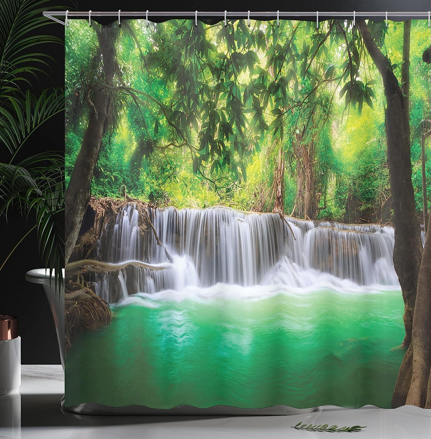 Waterfall Shower Curtain, Tropical Forest In Thailand Print, Cloth Fabric Bathroom Decor, Green And Brown - Image 3