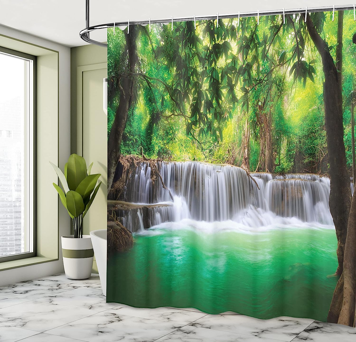 Waterfall Shower Curtain, Tropical Forest In Thailand Print, Cloth Fabric Bathroom Decor, Green And Brown - Image 4