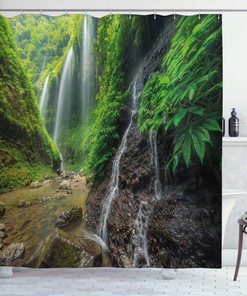 Waterfall Shower Curtain, Valley Waterfalls With Southeast Bushes Print, Cloth Fabric Bathroom Decor, Green And Brown
