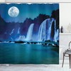 Waterfall Shower Curtain, Waterfall Under Midnight Moon Print, Cloth Fabric Bathroom Decor, Dark Turquoise And Navy Blue