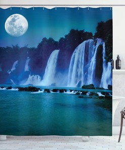 Waterfall Shower Curtain, Waterfall Under Midnight Moon Print, Cloth Fabric Bathroom Decor, Dark Turquoise And Navy Blue