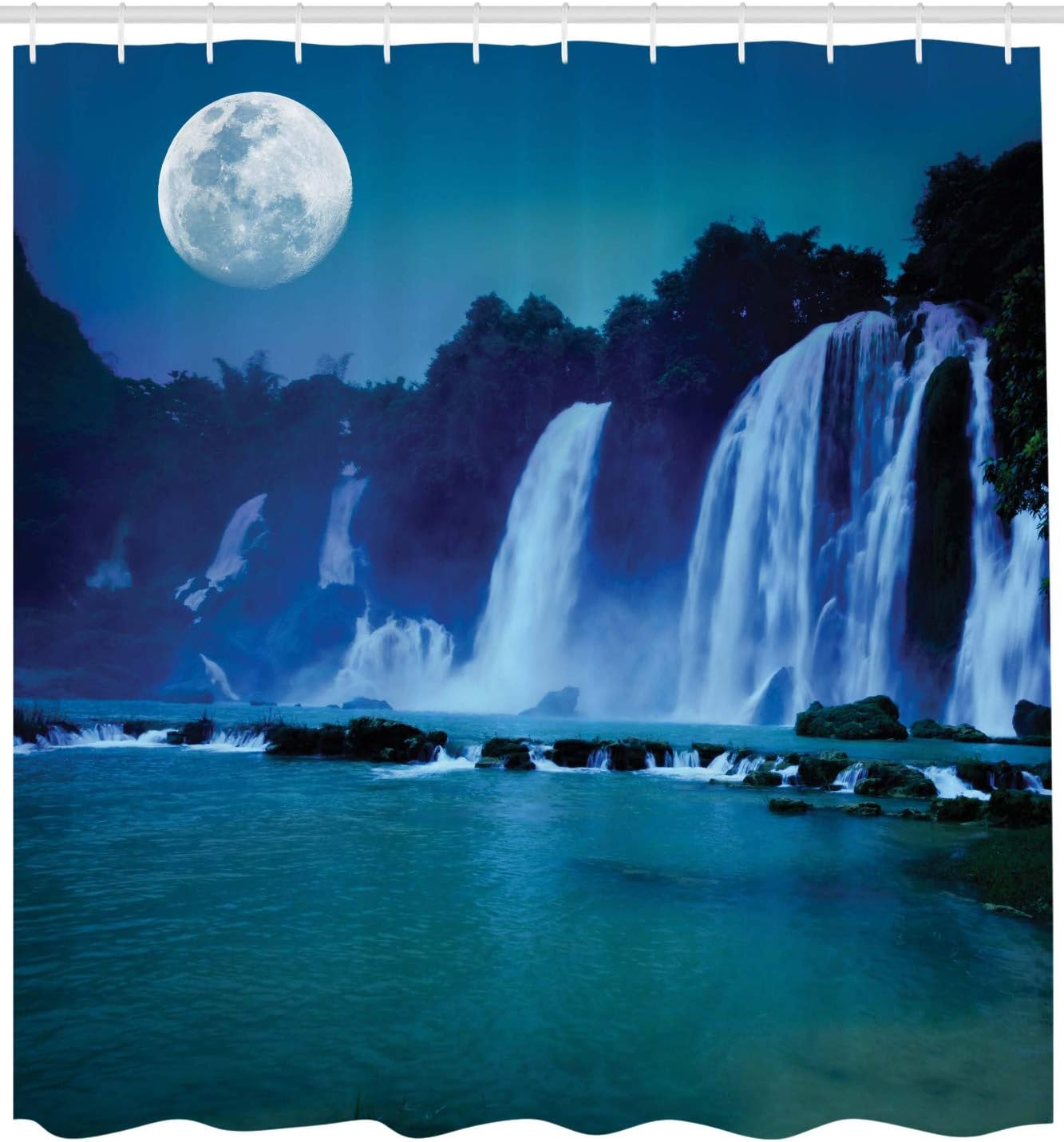 Waterfall Shower Curtain, Waterfall Under Midnight Moon Print, Cloth Fabric Bathroom Decor, Dark Turquoise And Navy Blue - Image 2