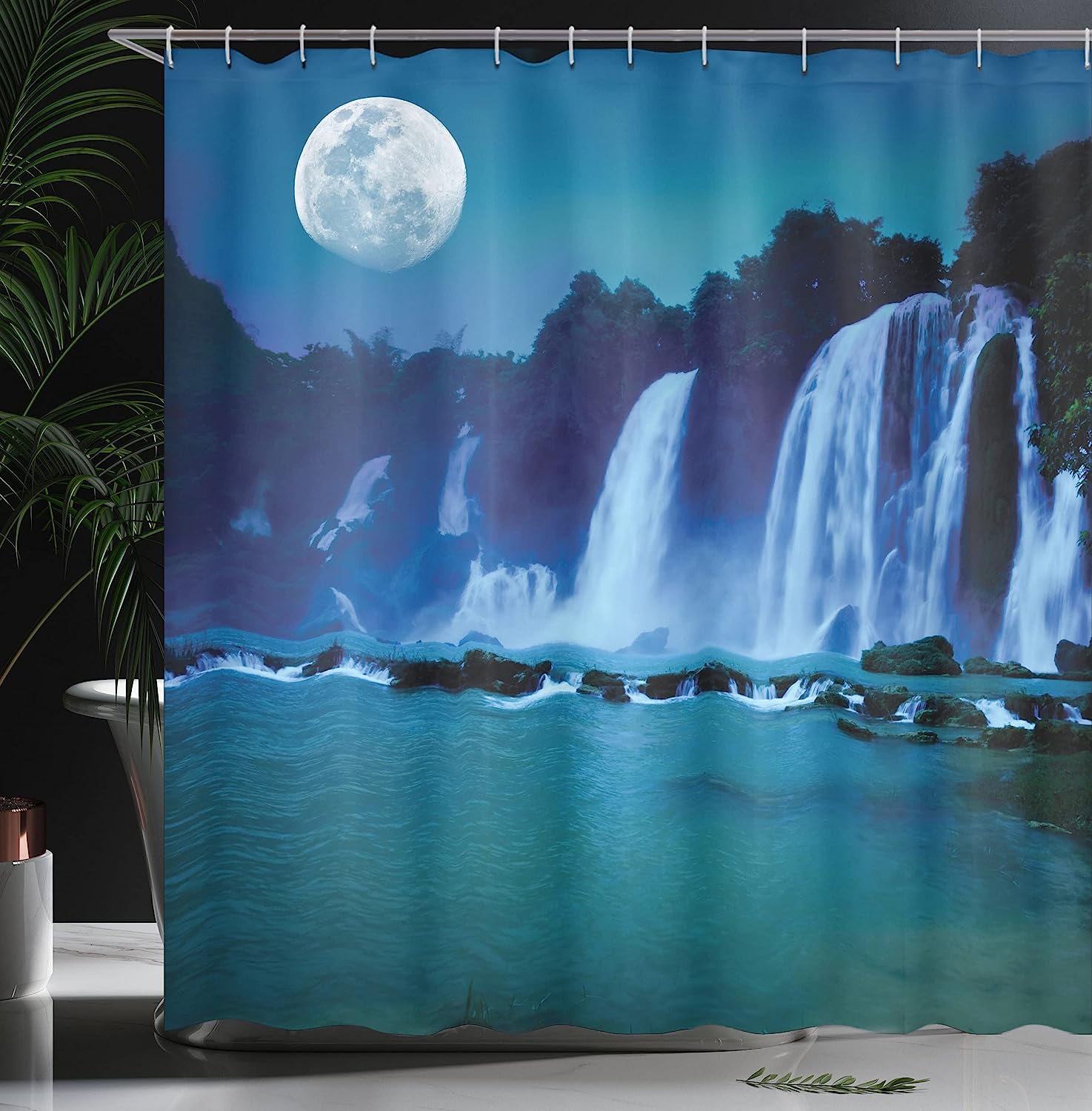 Waterfall Shower Curtain, Waterfall Under Midnight Moon Print, Cloth Fabric Bathroom Decor, Dark Turquoise And Navy Blue - Image 3