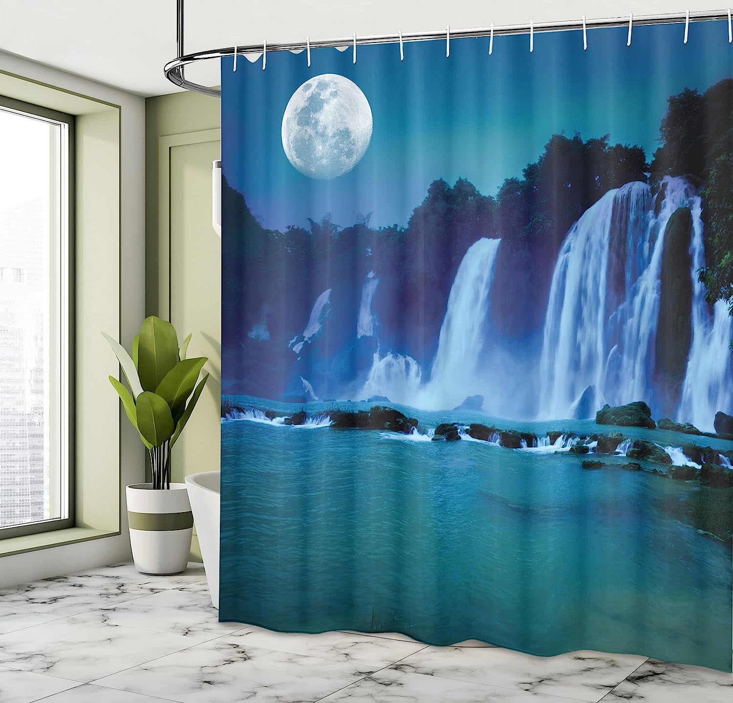 Waterfall Shower Curtain, Waterfall Under Midnight Moon Print, Cloth Fabric Bathroom Decor, Dark Turquoise And Navy Blue - Image 4