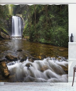 Waterfall Shower Curtain, Waterfalls In Northwestern Mountains Print, Cloth Fabric Bathroom Decor, Green And Brown