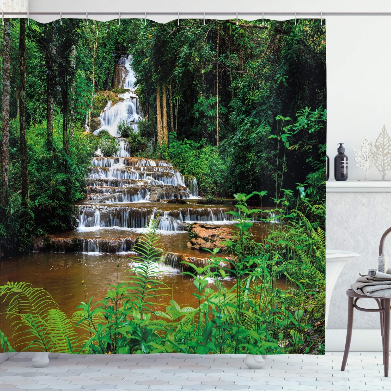 Waterfall Shower Curtain, Way Waterfall In Tropic Rainforest Print, Cloth Fabric Bathroom Decor, Green And Brown