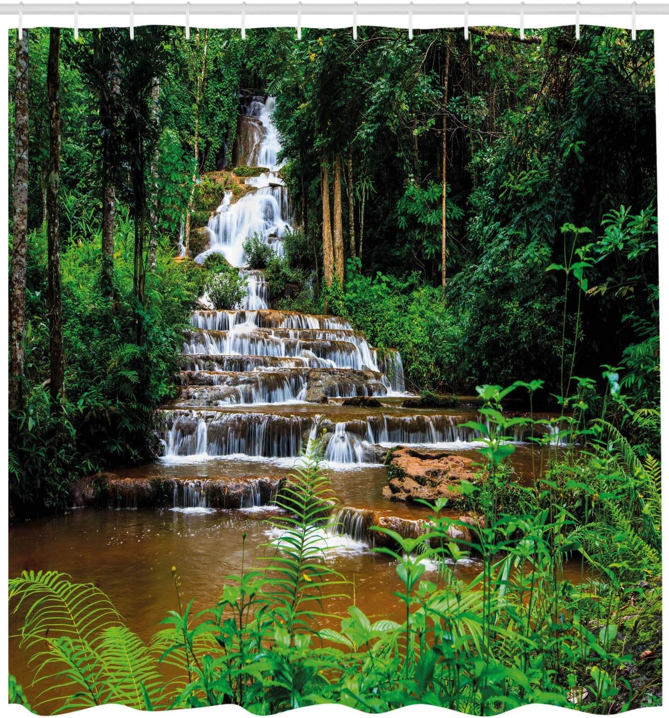 Waterfall Shower Curtain, Way Waterfall In Tropic Rainforest Print, Cloth Fabric Bathroom Decor, Green And Brown - Image 2