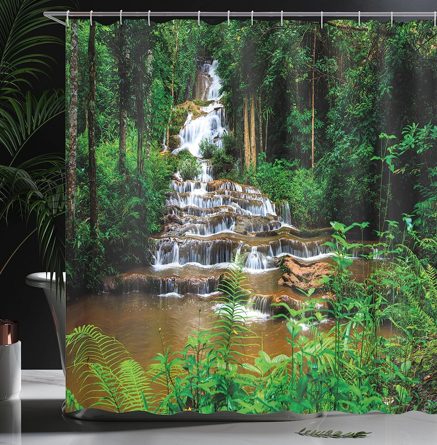 Waterfall Shower Curtain, Way Waterfall In Tropic Rainforest Print, Cloth Fabric Bathroom Decor, Green And Brown - Image 3