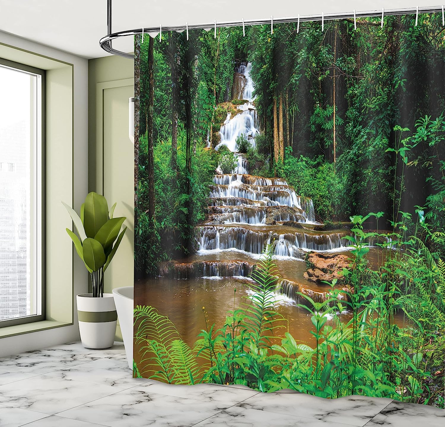 Waterfall Shower Curtain, Way Waterfall In Tropic Rainforest Print, Cloth Fabric Bathroom Decor, Green And Brown - Image 4