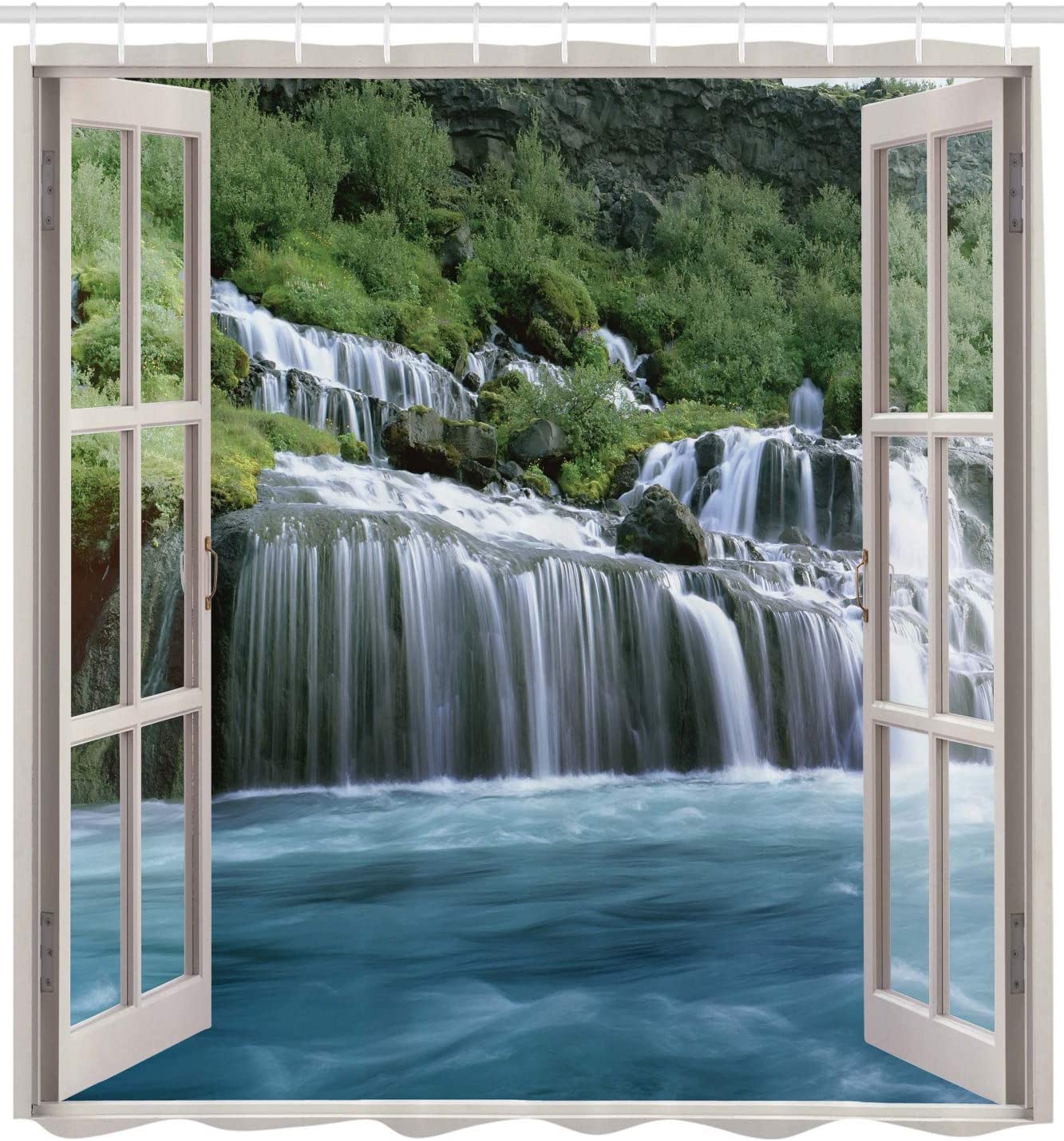 Waterfall Shower Curtain, Window View Of Majestic Waterfall Print, Cloth Fabric Bathroom Decor, Blue And Green - Image 2