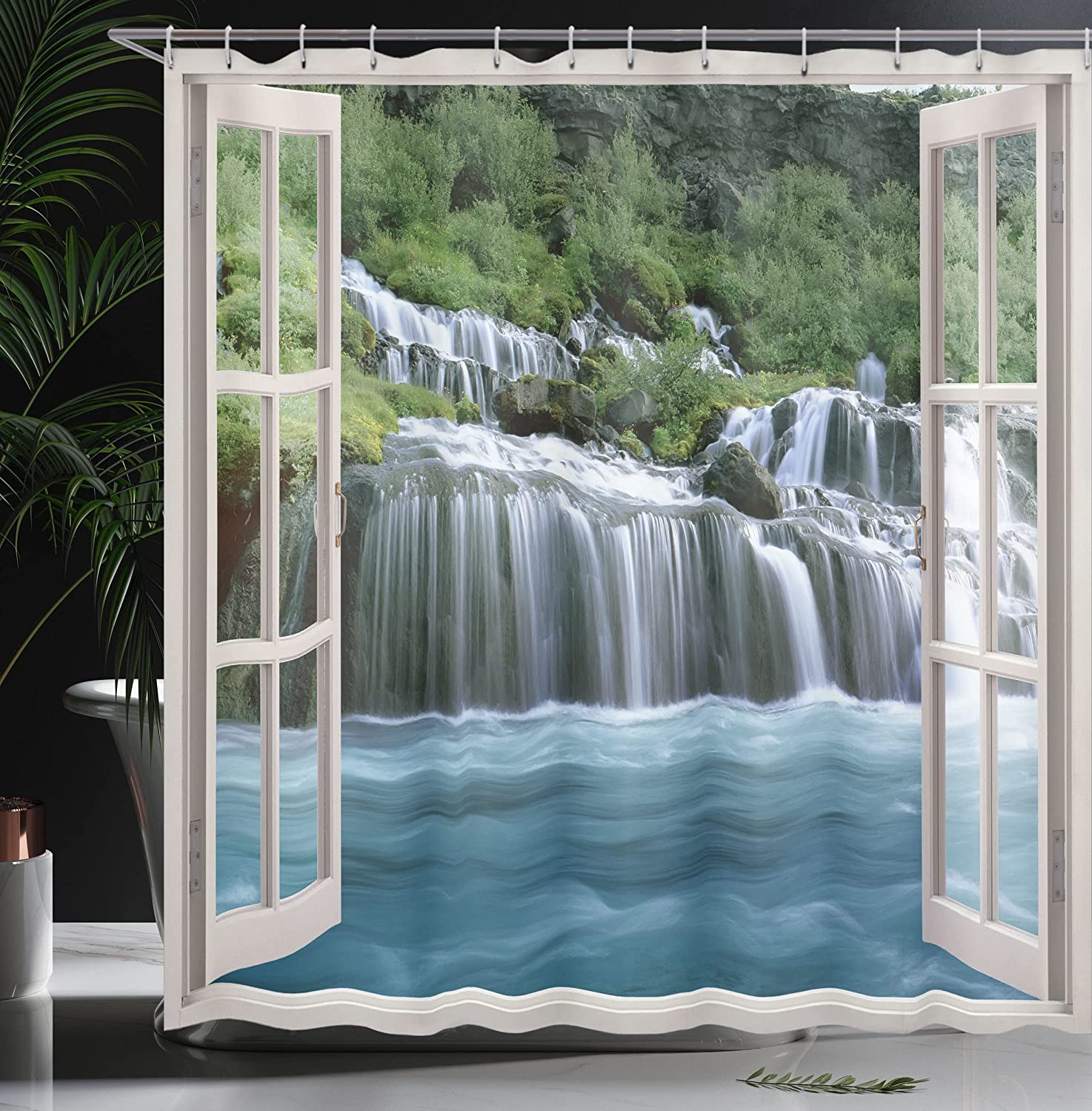 Waterfall Shower Curtain, Window View Of Majestic Waterfall Print, Cloth Fabric Bathroom Decor, Blue And Green - Image 3