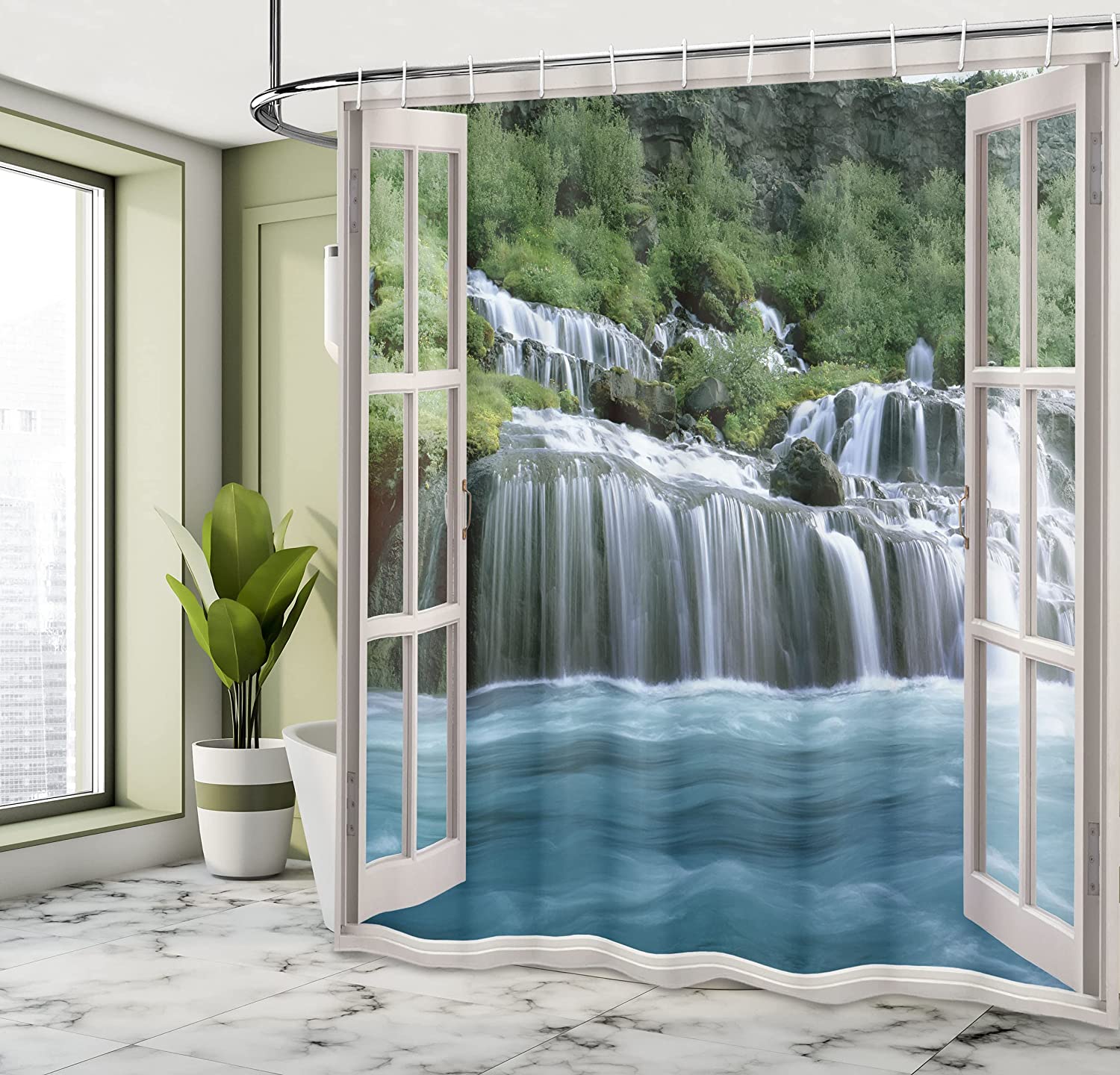 Waterfall Shower Curtain, Window View Of Majestic Waterfall Print, Cloth Fabric Bathroom Decor, Blue And Green - Image 4