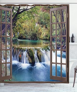 Waterfall Stall Shower Curtain, Deep Forest Waterfall View Print, Fabric Bathroom Decor, Forest Green