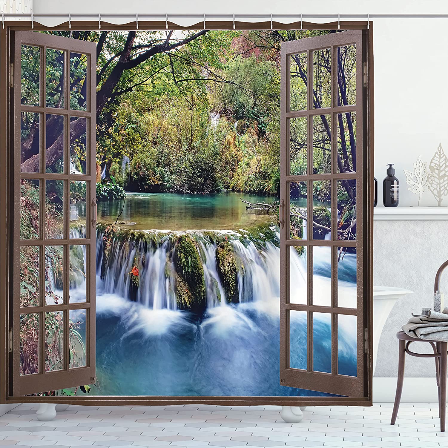 Waterfall Stall Shower Curtain, Deep Forest Waterfall View Print, Fabric Bathroom Decor, Forest Green