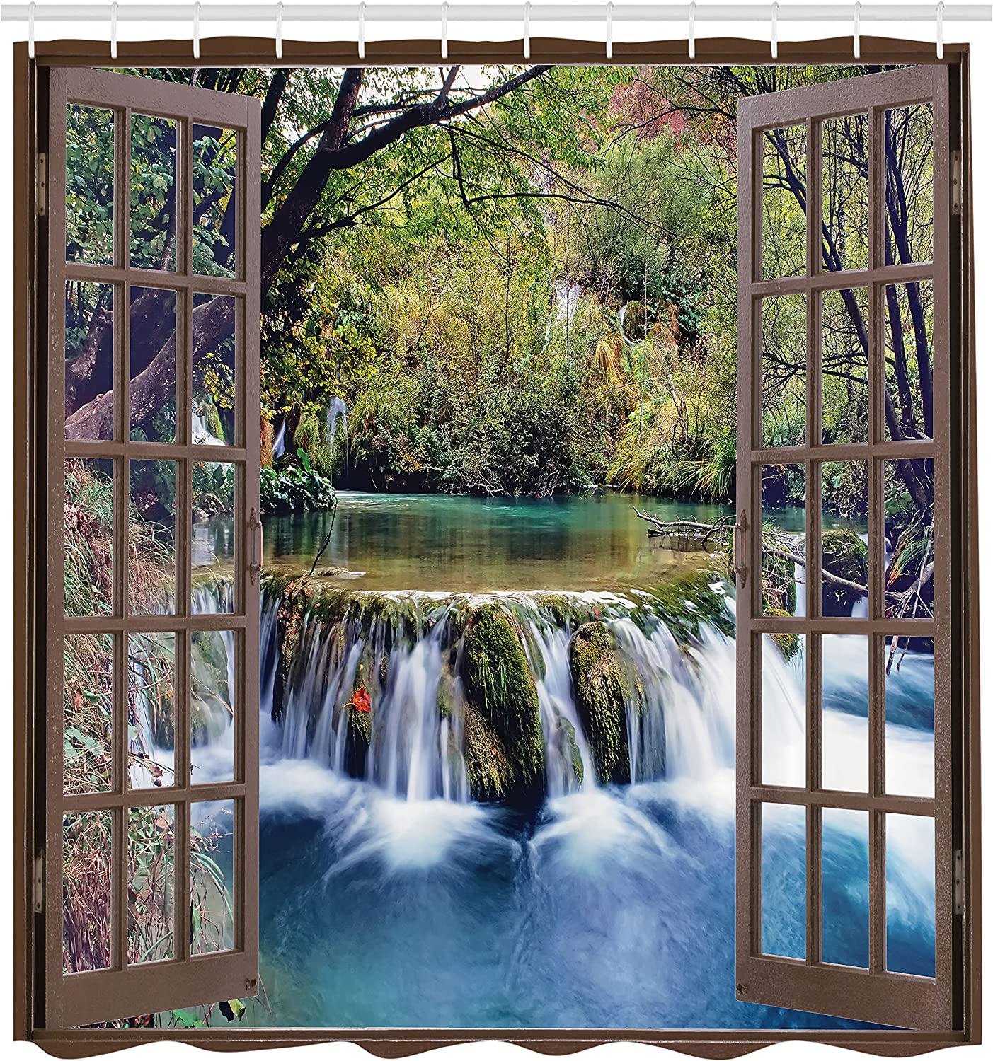 Waterfall Stall Shower Curtain, Deep Forest Waterfall View Print, Fabric Bathroom Decor, Forest Green - Image 2