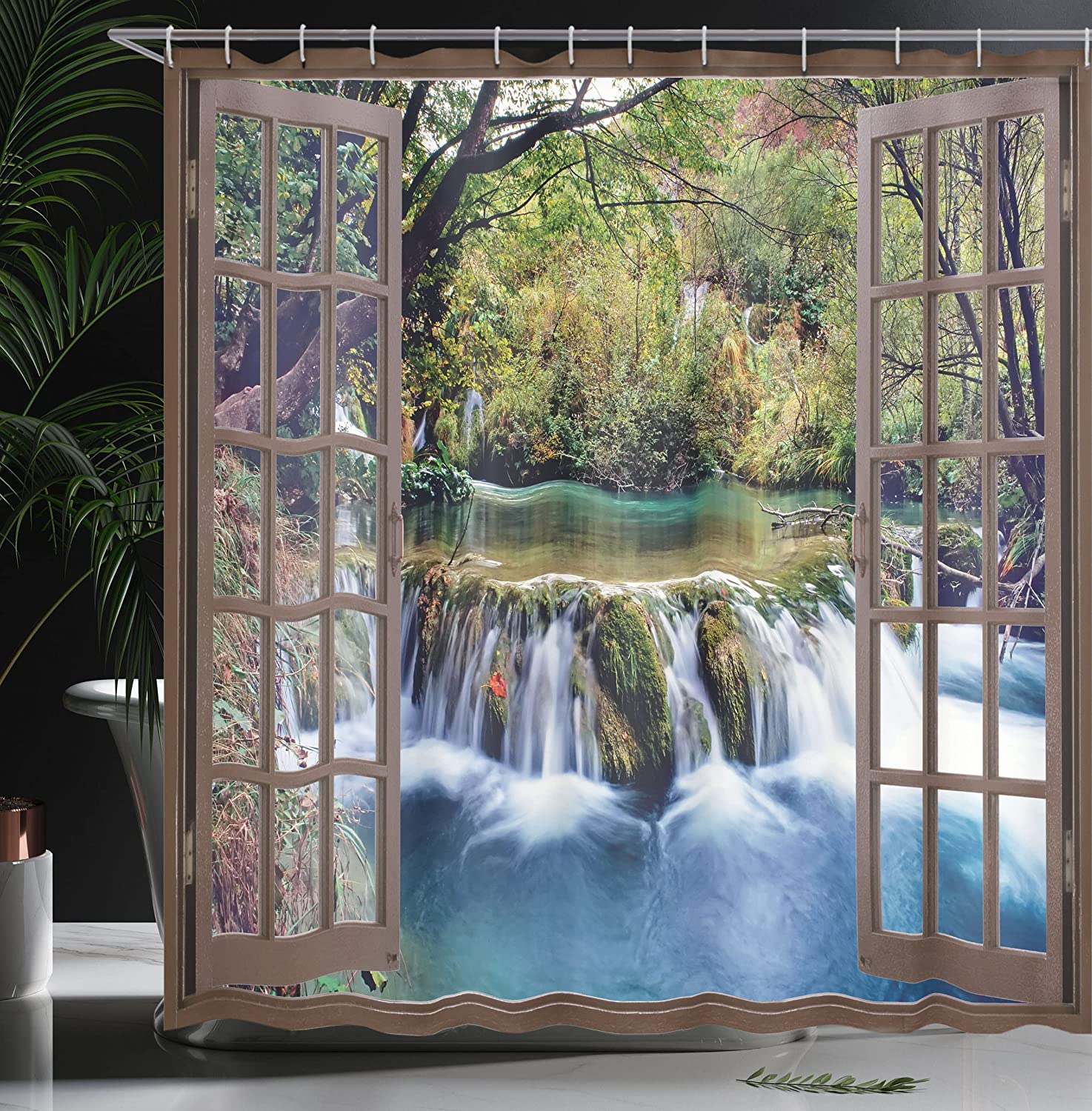 Waterfall Stall Shower Curtain, Deep Forest Waterfall View Print, Fabric Bathroom Decor, Forest Green - Image 3