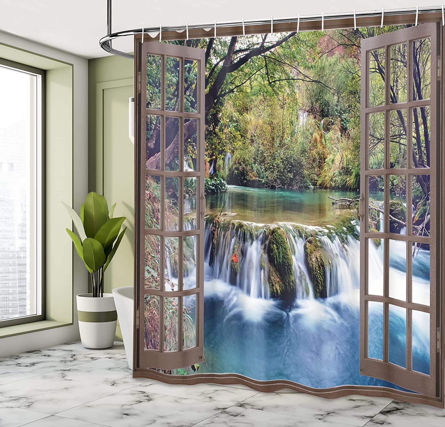 Waterfall Stall Shower Curtain, Deep Forest Waterfall View Print, Fabric Bathroom Decor, Forest Green - Image 4