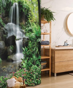 Waterfall Stall Shower Curtain, Majestic Jungle Garden Print, Fabric Bathroom Decor, Brown And White