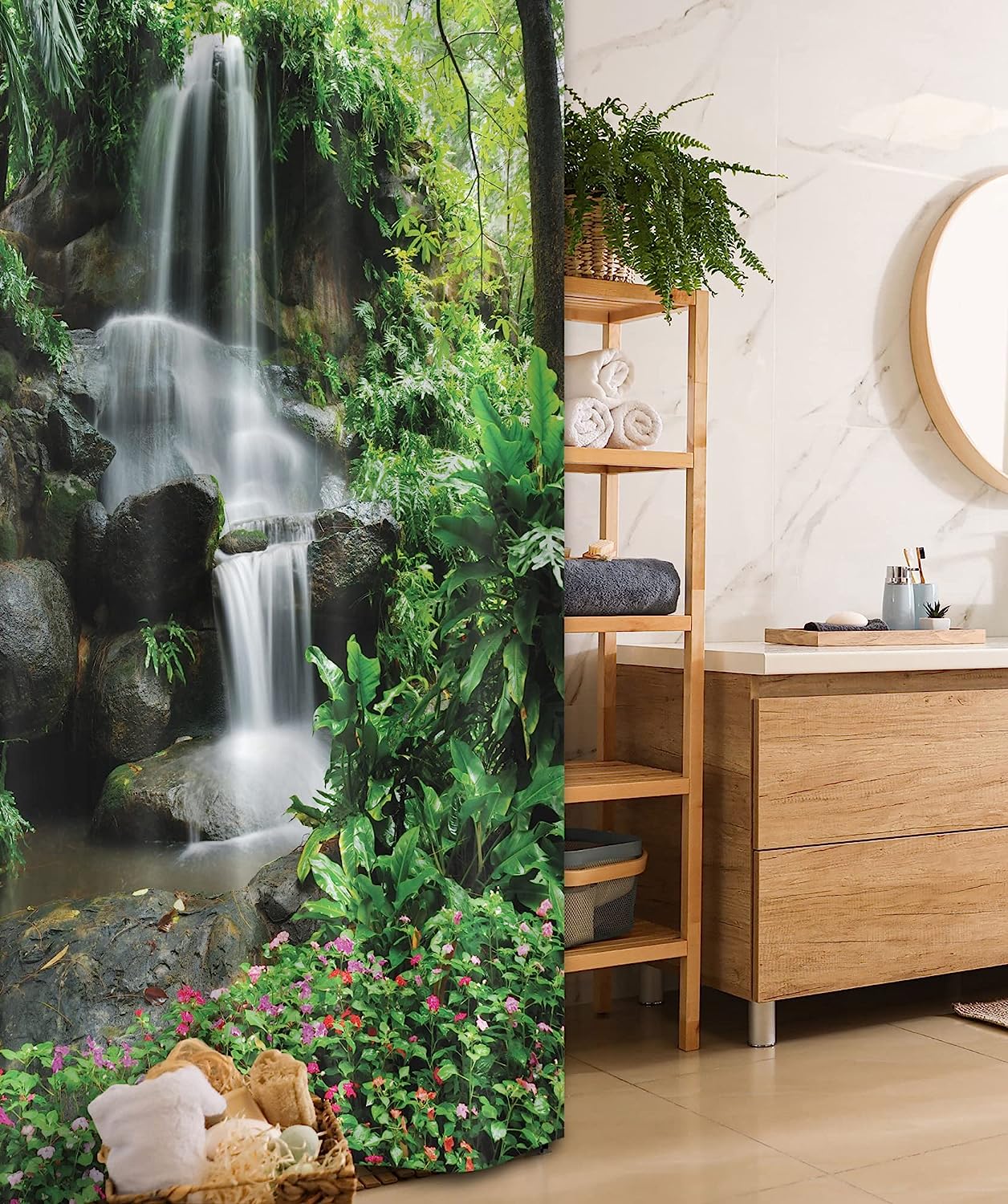 Waterfall Stall Shower Curtain, Majestic Jungle Garden Print, Fabric Bathroom Decor, Brown And White