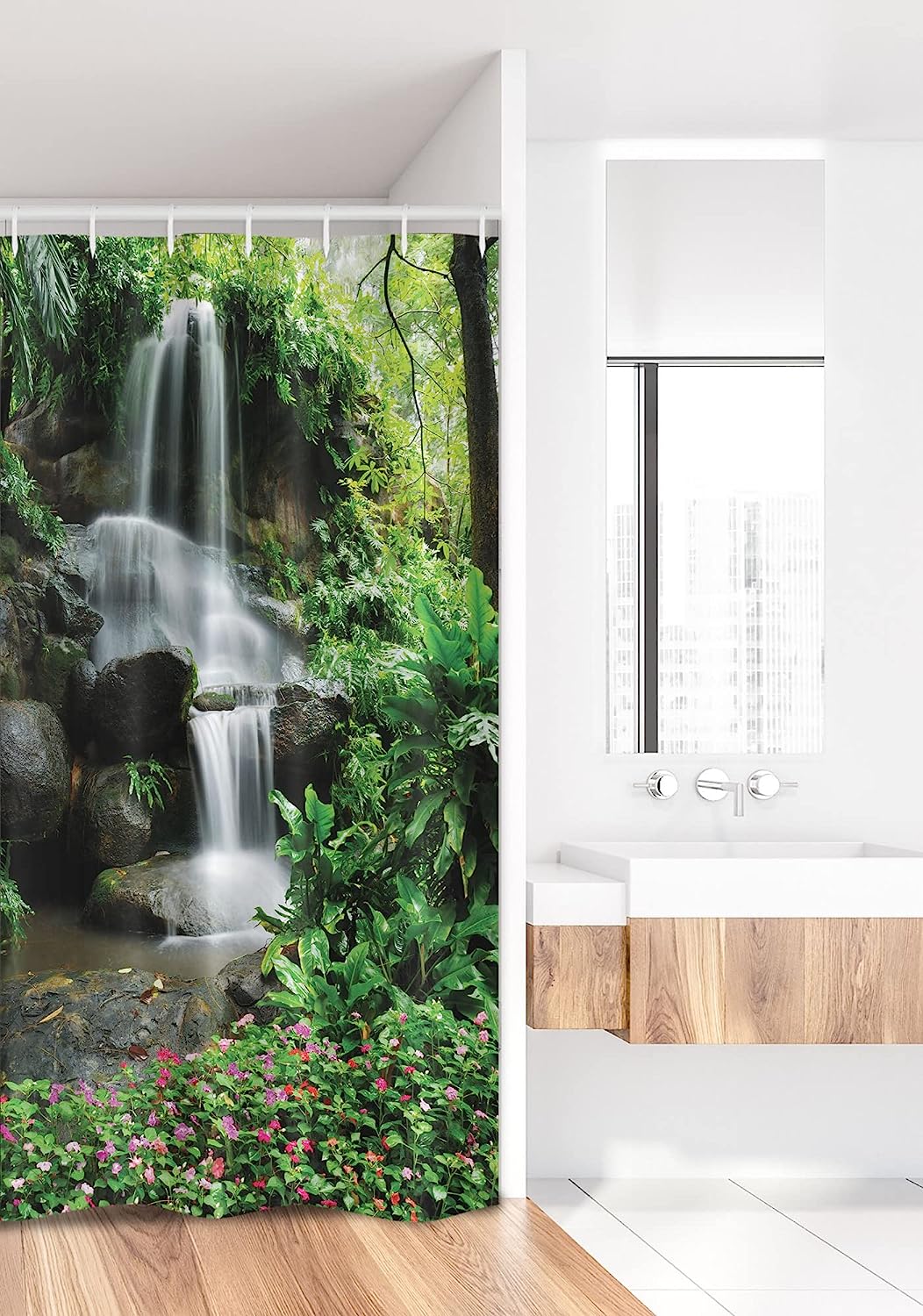 Waterfall Stall Shower Curtain, Majestic Jungle Garden Print, Fabric Bathroom Decor, Brown And White - Image 2