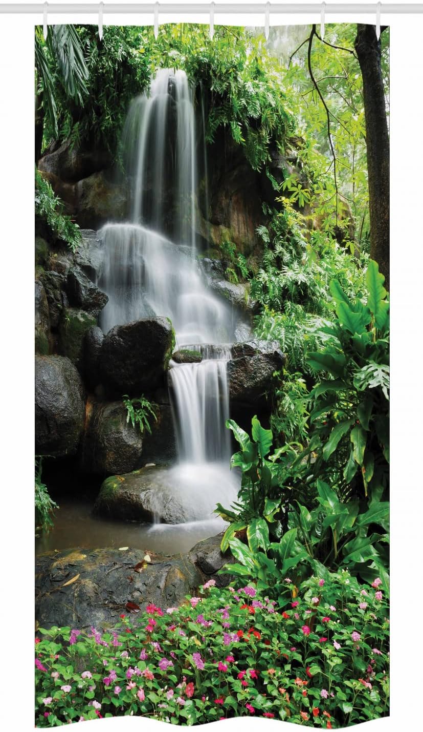 Waterfall Stall Shower Curtain, Majestic Jungle Garden Print, Fabric Bathroom Decor, Brown And White - Image 3
