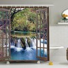 Waterfall Stall Shower Curtain, Window View Of Waterfall In Forest Print, Fabric Bathroom Decor, Forest Green
