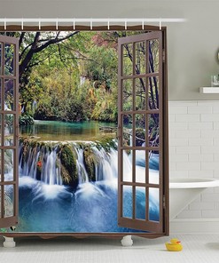 Waterfall Stall Shower Curtain, Window View Of Waterfall In Forest Print, Fabric Bathroom Decor, Forest Green