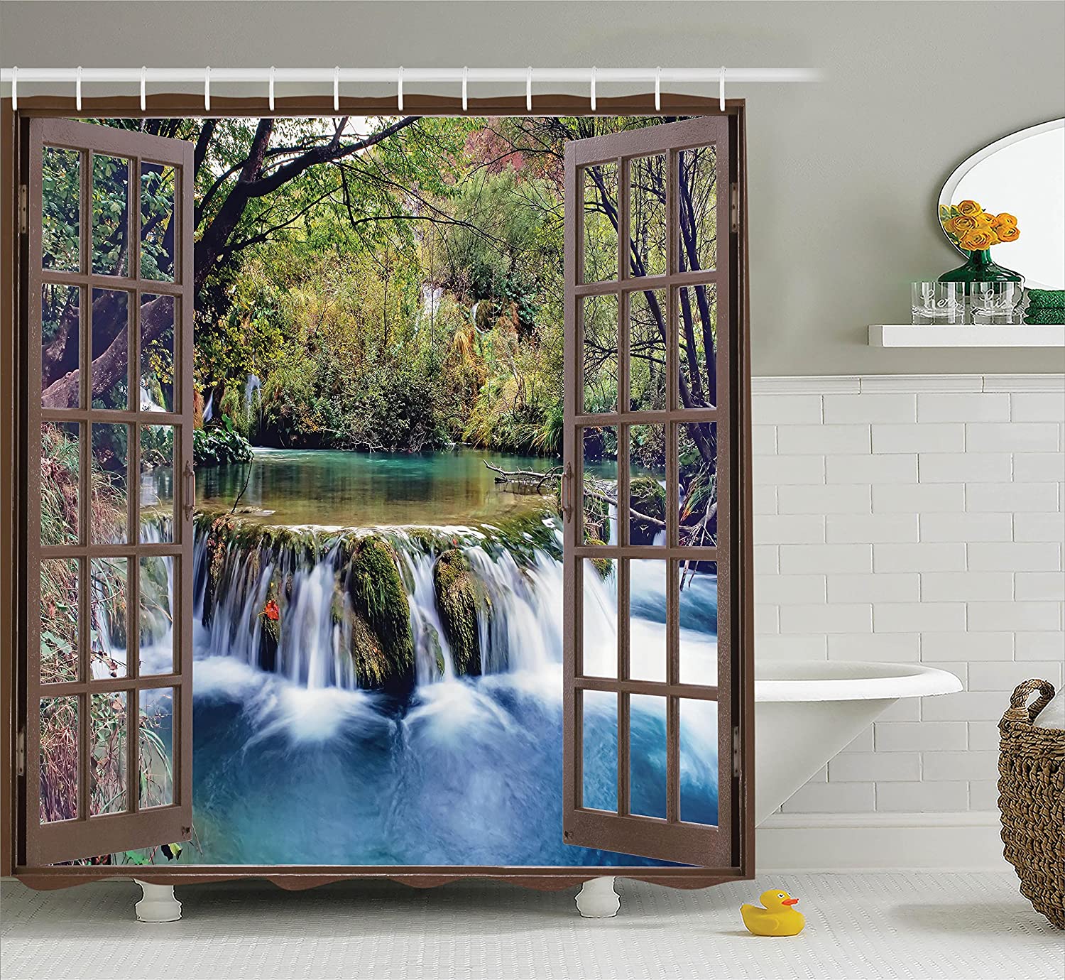 Waterfall Stall Shower Curtain, Window View Of Waterfall In Forest Print, Fabric Bathroom Decor, Forest Green
