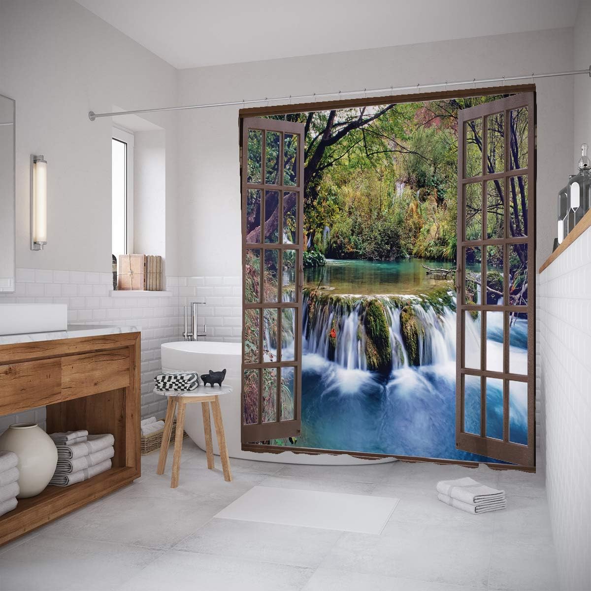 Waterfall Stall Shower Curtain, Window View Of Waterfall In Forest Print, Fabric Bathroom Decor, Forest Green - Image 2