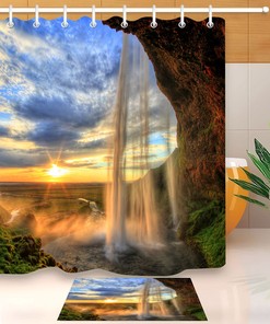 Waterfall Sunset Shower Curtain and Bathroom Mat Set - Waterproof Fabric, Beautifully Coordinated Bathroom Decor