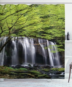 Waterfall Tree Rock Shower Curtain - Scenery Print for Vintage Bathroom
