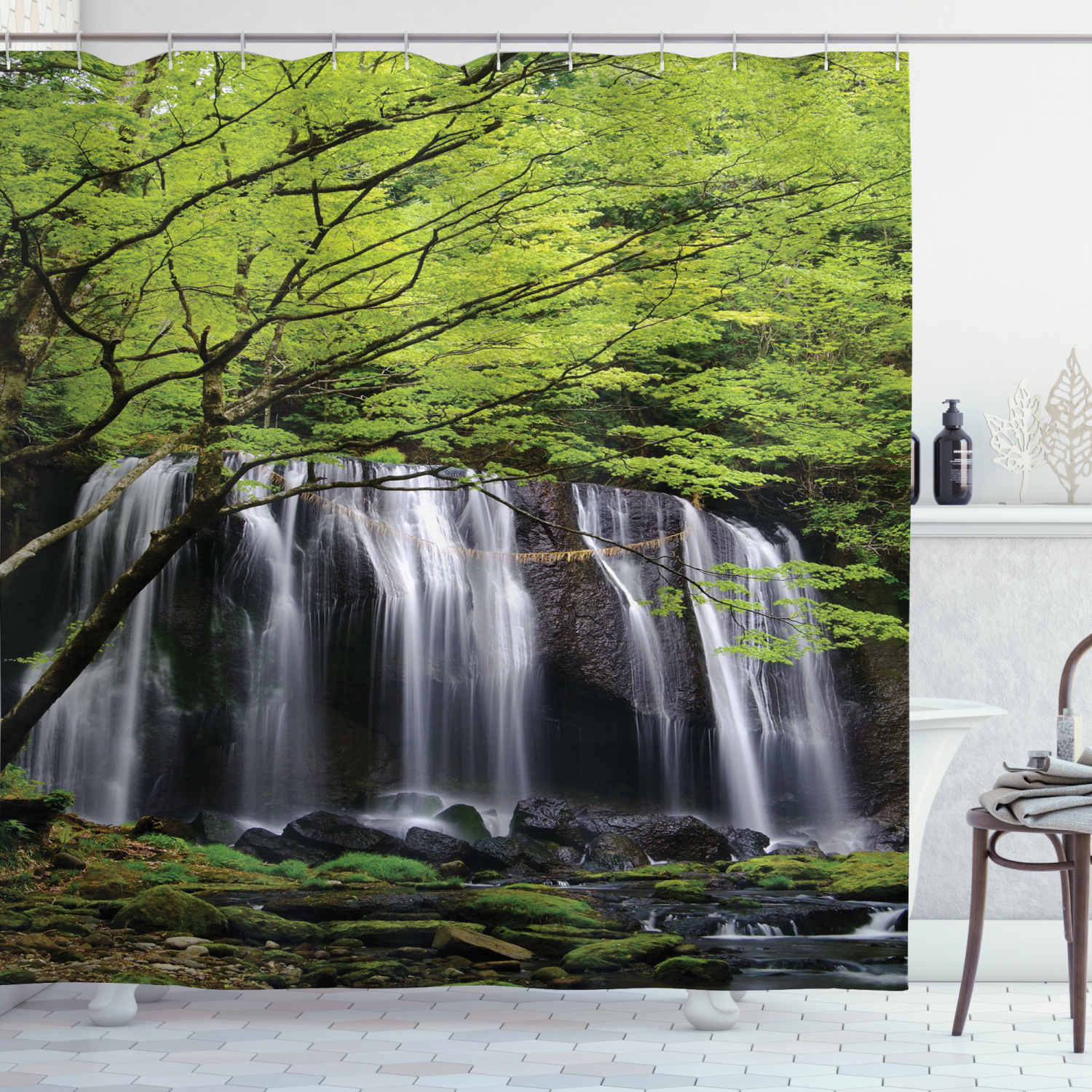 Waterfall Tree Rock Shower Curtain - Scenery Print for Vintage Bathroom