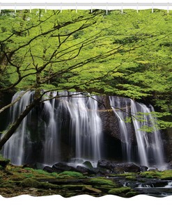 Waterfall Tree Rock Shower Curtain - Scenery Print for Vintage Bathroom