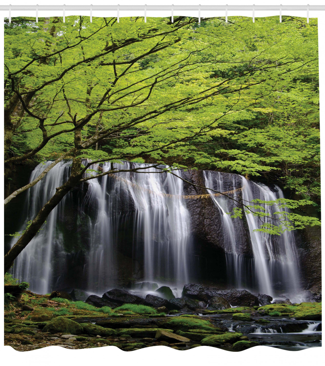 Waterfall Tree Rock Shower Curtain - Scenery Print for Vintage Bathroom
