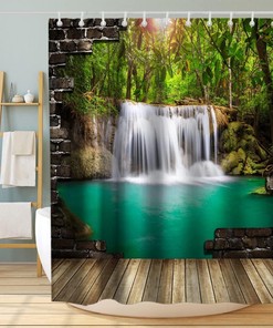 Waterfall Wall Lake Rustic Vintage Shower Curtain Ideas Waterproof Washable Green