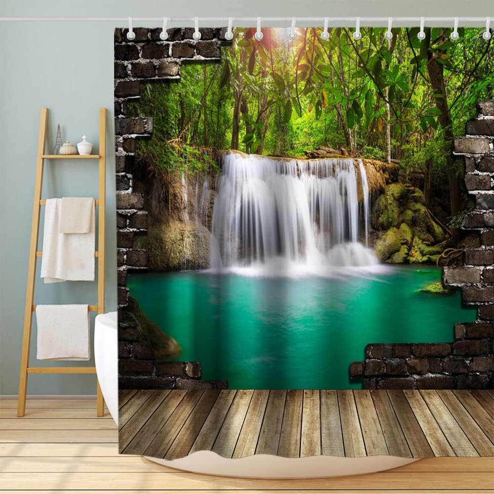 Waterfall Wall Lake Rustic Vintage Shower Curtain Ideas Waterproof Washable Green