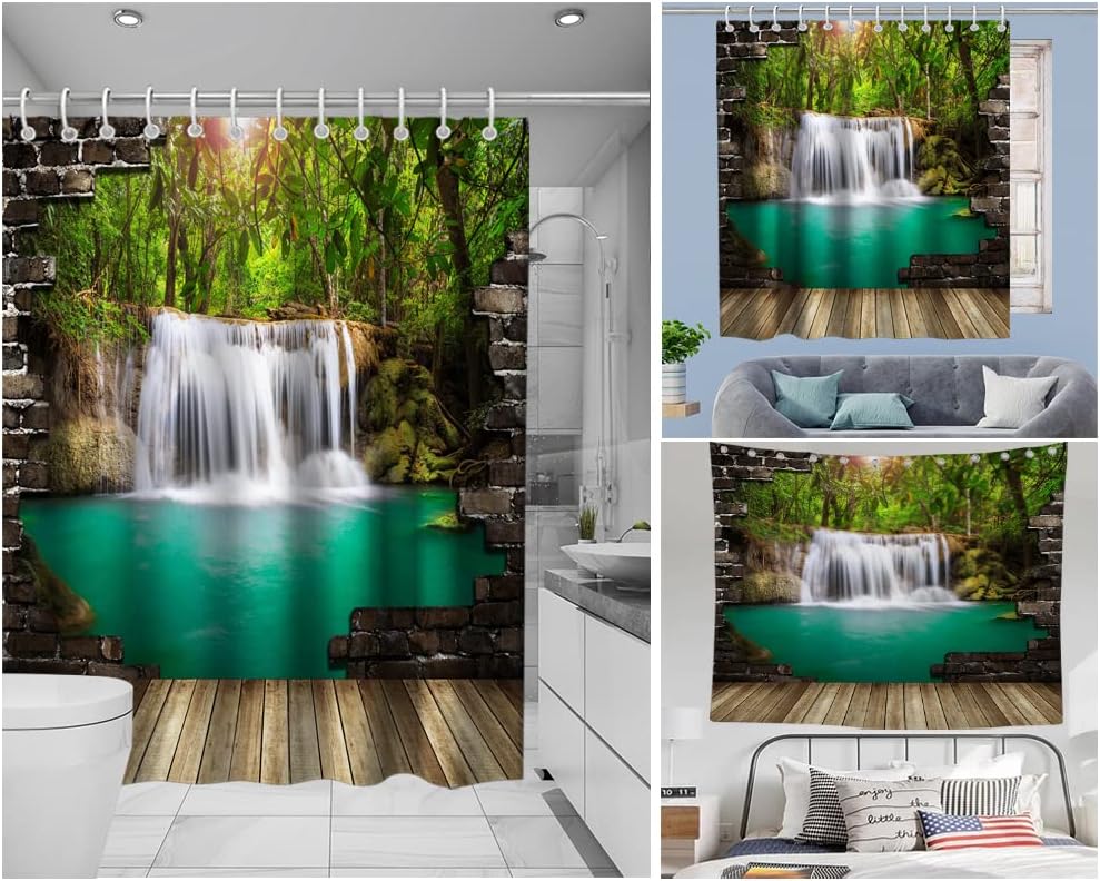 Waterfall Wall Lake Rustic Vintage Shower Curtain Ideas Waterproof Washable Green