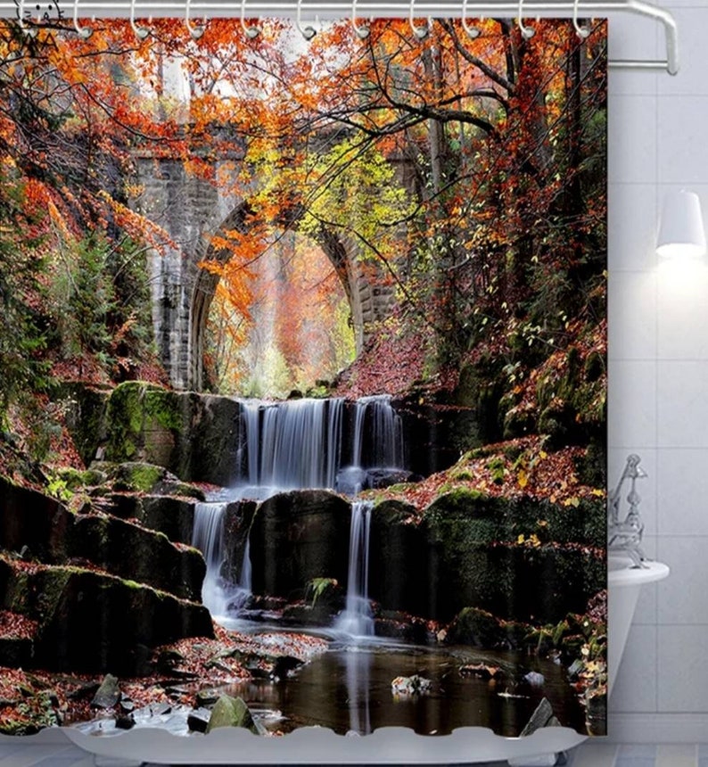Waterfall and Pond Japanese Garden Shower Curtain Set for Bathroom Decor