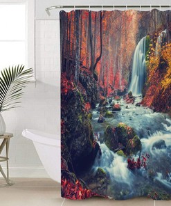 Waterfall in The Red Forest Fabric Shower Curtain for Bathroom