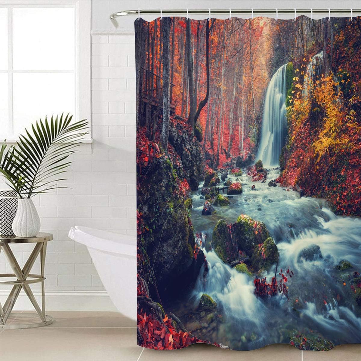 Waterfall in The Red Forest Fabric Shower Curtain for Bathroom