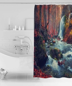 Waterfall in The Red Forest Fabric Shower Curtain for Bathroom