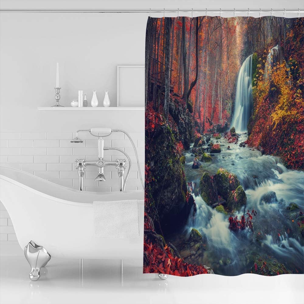 Waterfall in The Red Forest Fabric Shower Curtain for Bathroom
