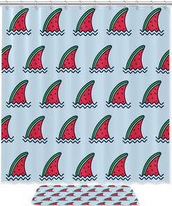 Watermelon Shark Bathroom Accessories Set With Waterproof Fabric Shower Curtain And Mat