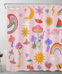 Watermelon and Moon in Mushroom Rainbows Shower Curtain - Water-Resistant Bathroom Set