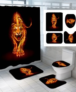 Waterproof 3D Flame Tiger Black Shower Curtain With 180X180 Size